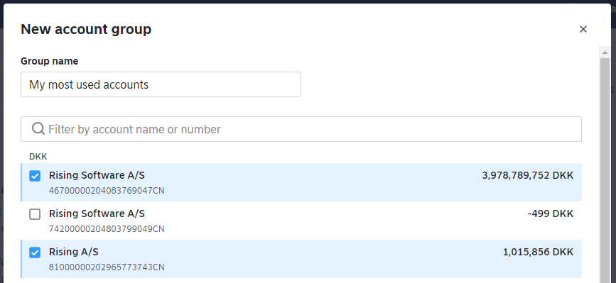Account selector for a new account group
