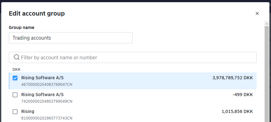 Account selector for a new account group
