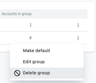 Settings drop down menu with delete group functionality
