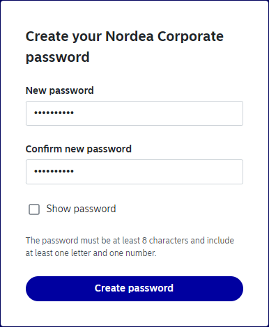 Password creation form with two user input fields for providing a new password. Once password is provided click the create password button
