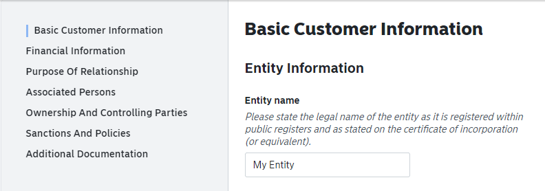 KYC form showing the entity name field